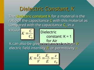 Dielectric Constant, K
Dielectric Constant, K
The
The dielectric constant K
dielectric constant K for a material is the
for a material is the
ratio of the capacitance
ratio of the capacitance C
C with this material as
with this material as
compared with the capacitance
compared with the capacitance C
Co
o in a
in a
vacuum.
vacuum.
Dielectric
constant: K = 1
for Air
0
C
K
C

K can also be given in terms of voltage
K can also be given in terms of voltage V
V,
,
electric field intensity
electric field intensity E
E, or permittivity
, or permittivity 
:
:
0 0
0
V E
K
V E


  
 