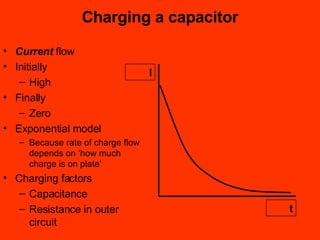 Charging a capacitor Current  flow Initially  High Finally Zero Exponential model Because rate of charge flow depends on ‘how much charge is on plate' Charging factors Capacitance Resistance in outer circuit I t 