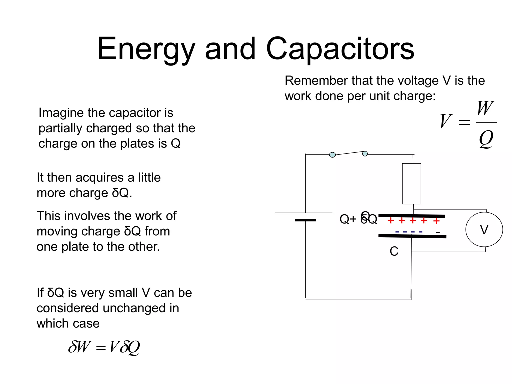 Energy and Capacitors
Q
V
W 
 
C
+ + + +
- - - -
Imagine the capacitor is
partially charged so that the
charge on the plates is Q
Q
V
+
-
It then acquires a little
more charge δQ.
This involves the work of
moving charge δQ from
one plate to the other.
If δQ is very small V can be
considered unchanged in
which case
Q+ δQ
Remember that the voltage V is the
work done per unit charge:
Q
W
V 
 