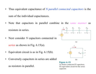 • Thus equivalent capacitance of N parallel connected capacitors is the
sum of the individual capacitances.
• Note that capacitors in parallel combine in the same manner as
resistors in series.
• Next consider N capacitors connected in
series as shown in Fig. 6.15(a).
• Equivalent circuit is as in Fig. 6.15(b).
• Conversely capacitors in series are added
as resistors in parallel.
 