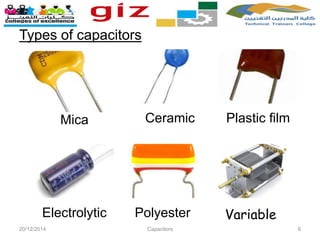 Types of capacitors
20/12/2014 Capacitors 8
Mica Ceramic Plastic film
Electrolytic Polyester Variable
 