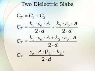 Two Dielectric Slabs
1 2
2
1
1 2
1 2
2 2
2
( )
2
T
o
o
T
o o
T
o
T
C C C
k A
k A
C
d d
k A k A
C
d
A k k
C
d
e
e
e e
e
 
 
 
 
 
    


  


 