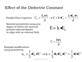 Effect of the Dielectric Constant
Parallel Plate Capacitor Co 
Material permittivity measures
degree to which the material
permits induced dipoles
to align with an external field.
oA k o A
 C  k Co 
d d
o
 k 
C 
A
d
E2
Neotech Institute of Technology 15
o 0
 E2
 u  0
k  E2

1
2
1
2
1
2
u 
Example modifications
using permittivity
 
