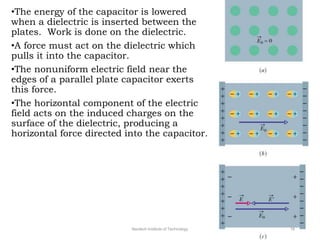 •The energy of the capacitor is lowered
when a dielectric is inserted between the
plates. Work is done on the dielectric.
•A force must act on the dielectric which
pulls it into the capacitor.
•The nonuniform electric field near the
edges of a parallel plate capacitor exerts
this force.
•The horizontal component of the electric
field acts on the induced charges on the
surface of the dielectric, producing a
horizontal force directed into the capacitor.
Neotech Institute of Technology 16
 