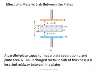 Effect of a Metallic Slab Between the Plates
A parallel-plate capacitor has a plate separation d and
plate area A. An uncharged metallic slab of thickness a is
inserted midway between the plates.
Neotech Institute of Technology 18
 
