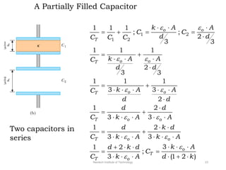 A Partially Filled Capacitor
Two capacitors in
series
1 2
1 2
1 1 1
; ;
2
3 3
1 1 1
2
3 3
1 1 1
3 3
2
1 2
3 3
1 2
3 3
3
1 2
;
3 (1 2 )
o o
T
o o
T
o o
T
T o o
T o o
o
T
T o
k A A
C C
d d
C C C
k A A
C
d d
k A A
C
d d
d d
C k A A
d k d
C k A k A
k A
d k d
C
C k A d k
e e
e e
e e
e e
e e
e
e
  
   

 
  

 
    


 
    
 
 
     
  
  
 
     
Neotech Institute of Technology 23
 
