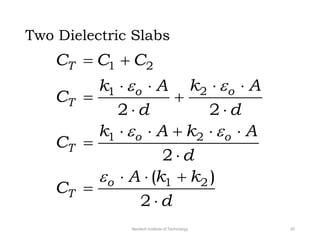 Two Dielectric Slabs
1 2
2
1
1 2
1 2
2 2
2
( )
2
T
o
o
T
o o
T
o
T
C C C
k A
k A
C
d d
k A k A
C
d
A k k
C
d
e
e
e e
e
 
 
 
 
 
    


  


Neotech Institute of Technology 25
 