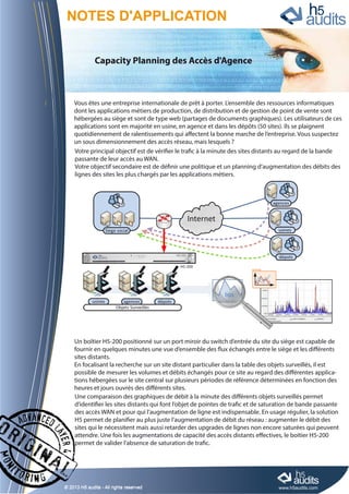 © 2013 H5 audits - All rights reserved© 2013 H5 audits - All rights reserved www.h5audits.com
Capacity Planning des Accès d'Agence
Vous êtes une entreprise internationale de prêt à porter. L’ensemble des ressources informatiques
dont les applications métiers de production, de distribution et de gestion de point de vente sont
hébergées au siège et sont de type web (partages de documents graphiques). Les utilisateurs de ces
applications sont en majorité en usine, en agence et dans les dépôts (50 sites). Ils se plaignent
quotidiennement de ralentissements qui affectent la bonne marche de l’entreprise. Vous suspectez
un sous dimensionnement des accès réseau, mais lesquels ?
Un boîtier H5-200 positionné sur un port miroir du switch d’entrée du site du siège est capable de
fournir en quelques minutes une vue d’ensemble des flux échangés entre le siège et les différents
sites distants.
En focalisant la recherche sur un site distant particulier dans la table des objets surveillés, il est
possible de mesurer les volumes et débits échangés pour ce site au regard des différentes applica-
tions hébergées sur le site central sur plusieurs périodes de référence déterminées en fonction des
heures et jours ouvrés des différents sites.
Votre principal objectif est de vérifier le trafic à la minute des sites distants au regard de la bande
passante de leur accès au WAN.
Votre objectif secondaire est de définir une politique et un planning d’augmentation des débits des
lignes des sites les plus chargés par les applications métiers.
Une comparaison des graphiques de débit à la minute des différents objets surveillés permet
d’identifier les sites distants qui font l’objet de pointes de trafic et de saturation de bande passante
des accès WAN et pour qui l’augmentation de ligne est indispensable. En usage régulier, la solution
H5 permet de planifier au plus juste l’augmentation de débit du réseau : augmenter le débit des
sites qui le nécessitent mais aussi retarder des upgrades de lignes non encore saturées qui peuvent
attendre. Une fois les augmentations de capacité des accès distants effectives, le boîtier H5-200
permet de valider l’absence de saturation de trafic.
NOTES D'APPLICATION
Internet
H5-200
10001011101011010010
bps
usines
dépots
agences
Siege social
dépotsagencesusines
Objets Surveillés
 