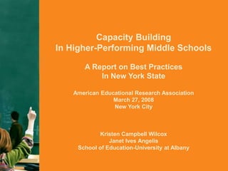 Capacity Building
In Higher-Performing Middle Schools
A Report on Best Practices
In New York State
American Educational Research Association
March 27, 2008
New York City
Kristen Campbell Wilcox
Janet Ives Angelis
School of Education-University at Albany
 