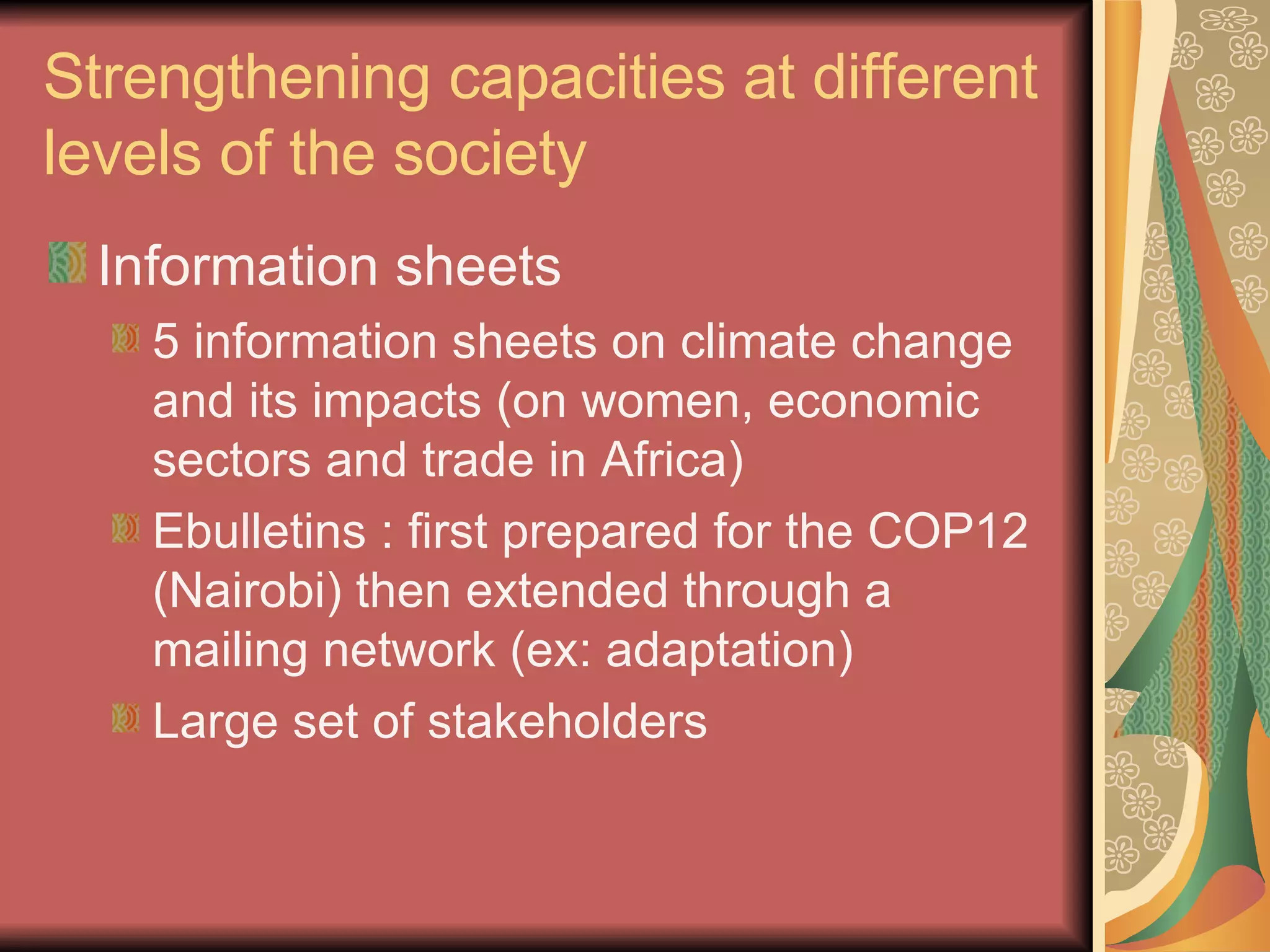 Strengthening capacities at different levels of the society Information sheets 5 information sheets on climate change and its impacts (on women, economic sectors and trade in Africa) Ebulletins : first prepared for the COP12 (Nairobi) then extended through a mailing network (ex: adaptation) Large set of stakeholders 
