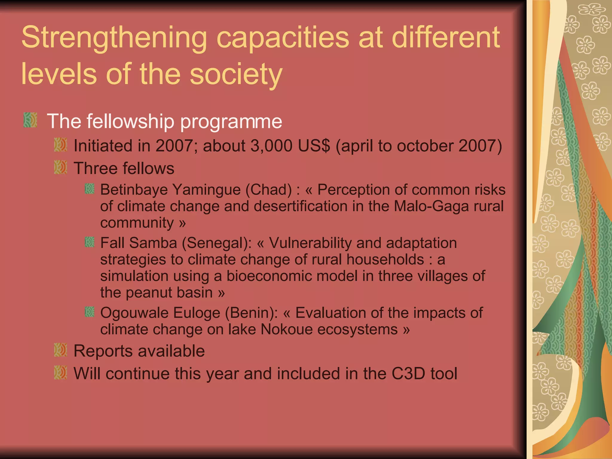 Strengthening capacities at different levels of the society The fellowship programme Initiated in 2007; about 3,000 US$ (april to october 2007) Three fellows Betinbaye Yamingue (Chad) : « Perception of common risks of climate change and desertification in the Malo-Gaga rural community » Fall Samba (Senegal): « Vulnerability and adaptation strategies to climate change of rural households : a simulation using a bioeconomic model in three villages of the peanut basin » Ogouwale Euloge (Benin): « Evaluation of the impacts of climate change on lake Nokoue ecosystems » Reports available Will continue this year and included in the C3D tool 