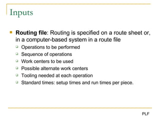 Inputs Routing file : Routing is specified on a route sheet or, in a computer-based system in a route file Operations to be performed Sequence of operations Work centers to be used Possible alternate work centers Tooling needed at each operation Standard times: setup times and run times per piece. 