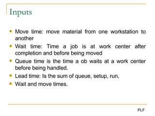 Inputs Move time: move material from one workstation to another Wait time: Time a job is at work center after completion and before being moved Queue time is the time a ob waits at a work center before being handled. Lead time: Is the sum of queue, setup, run,  Wait and move times . 