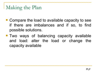 Making the  Plan Compare the load to available capacity to see if there are imbalances and if so, to find possible solutions. Two ways of balancing capacity available and load: alter the load or change the capacity available 