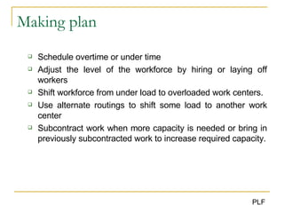 Making plan Schedule overtime or under time Adjust the level of the workforce by hiring or laying off workers Shift workforce from under load to overloaded work centers. Use alternate routings to shift some load to another work center Subcontract work when more capacity is needed or bring in previously subcontracted work to increase required capacity. 