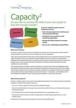 Capacity                                               2
CAPACITY2




            Do you need to develop the skills of your own people to
            lead and manage change?…
                                                                      If you do, Capacity2 equips a team of
                                                                      facilitators who can:
                                           Knowledge                  • lead a change programme to address your
               Motivation                                               most pressing challenges
                                                                      • contribute to your growth as a self
                                                                        sustaining organisation
                                                                      • develop the ability of others to manage
             Opportunities                    Skills                    change
                                                                      • take up more challenging responsibilities


            What does it involve?
            An intensive 3-day immersion into the core steps of the Change2 journey that equips and skills a team of
            change facilitators to lead the next wave of changes across your organisation.
            These aspiring change leaders develop strong working relationships during an accelerated experience of change
            under the guidance of one of our experienced change facilitators. Set in the context of your organisation’s
            challenges, the accelerated experience is a realistic journey through the change cycle using the core steps of the
            Change2 process. Team members get first-hand experience of the tools and group techniques being role-
            modelled by an expert facilitator.
            The participants prepare and deliver a series of workshops in which they take on the role of facilitating change.
            Each participant practices the skills, tools and techniques of facilitating a change team through the core modules
            of the Change2 change process. A key feature of Capacity2 includes the very supportive environment provided by
            working with peers and an expert facilitator. Each participant receives – and provides – peer feedback, and the
            team benefits from feedback from their Creating Tomorrow facilitator in order to hone their skills.


            What will you achieve?
            Capacity2 is ideally suited for those with change leadership aspirations who are demonstrating real potential
            as leaders of change. What Capacity2 gives you:
            • Your own ‘in-house’ capacity to initiate and lead sustainable change;
            • A team of trained facilitators of change who can transfer key skills and the use of change tools and group
              techniques to others;
            • The starting point for a culture change where people take more responsibility; hence…
            • The basis from which to build a number of change teams to tackle change programmes on a much
              broader footing.
            Importantly your programmes will progress at a more assured and faster pace.


    1                                                                                                       © Creating Tomorrow
 