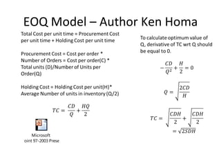 EOQ Model – Author Ken Homa




          Microsoft
PowerPoint 97-2003 Presentation
 