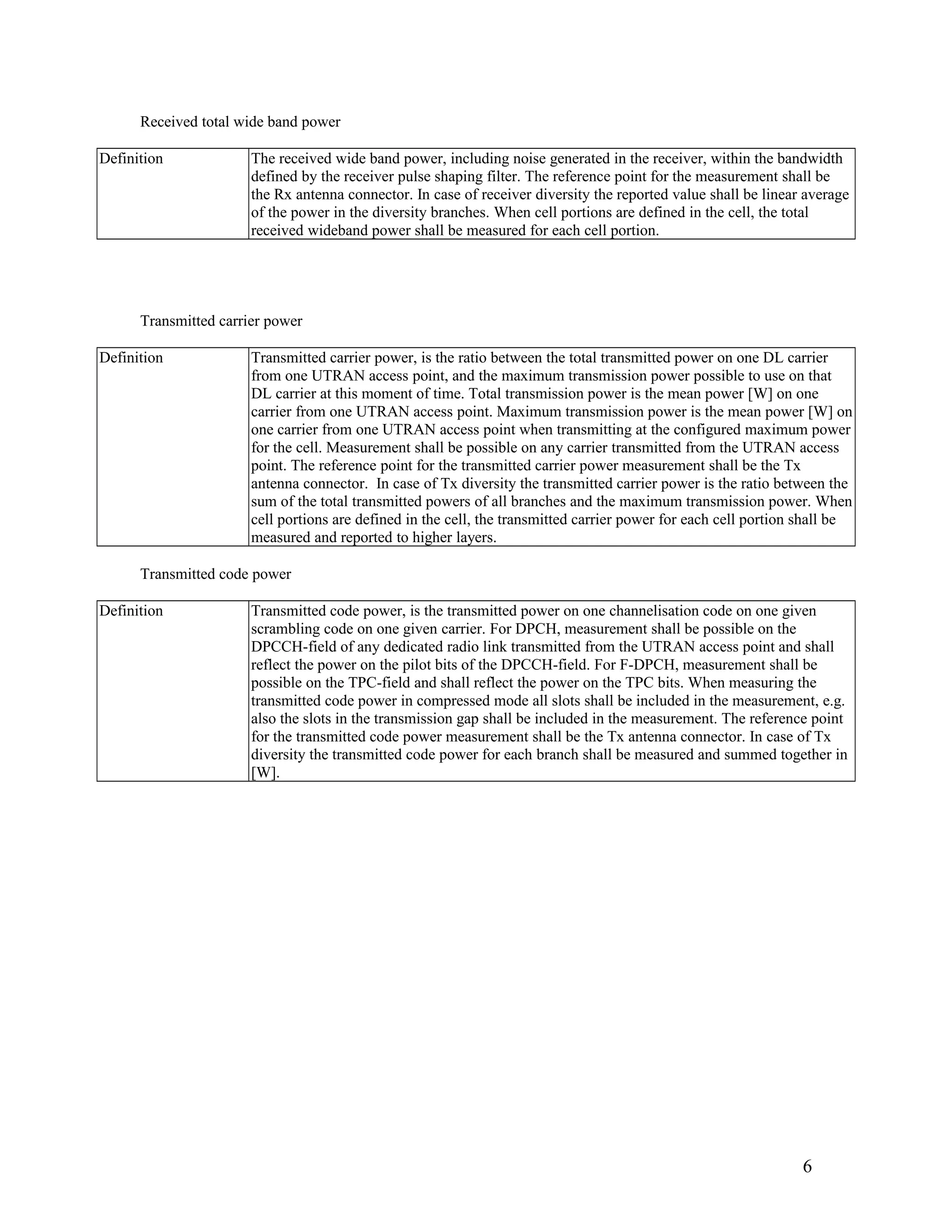 Received total wide band power
Definition The received wide band power, including noise generated in the receiver, within the bandwidth
defined by the receiver pulse shaping filter. The reference point for the measurement shall be
the Rx antenna connector. In case of receiver diversity the reported value shall be linear average
of the power in the diversity branches. When cell portions are defined in the cell, the total
received wideband power shall be measured for each cell portion.
Transmitted carrier power
Definition Transmitted carrier power, is the ratio between the total transmitted power on one DL carrier
from one UTRAN access point, and the maximum transmission power possible to use on that
DL carrier at this moment of time. Total transmission power is the mean power [W] on one
carrier from one UTRAN access point. Maximum transmission power is the mean power [W] on
one carrier from one UTRAN access point when transmitting at the configured maximum power
for the cell. Measurement shall be possible on any carrier transmitted from the UTRAN access
point. The reference point for the transmitted carrier power measurement shall be the Tx
antenna connector. In case of Tx diversity the transmitted carrier power is the ratio between the
sum of the total transmitted powers of all branches and the maximum transmission power. When
cell portions are defined in the cell, the transmitted carrier power for each cell portion shall be
measured and reported to higher layers.
Transmitted code power
Definition Transmitted code power, is the transmitted power on one channelisation code on one given
scrambling code on one given carrier. For DPCH, measurement shall be possible on the
DPCCH-field of any dedicated radio link transmitted from the UTRAN access point and shall
reflect the power on the pilot bits of the DPCCH-field. For F-DPCH, measurement shall be
possible on the TPC-field and shall reflect the power on the TPC bits. When measuring the
transmitted code power in compressed mode all slots shall be included in the measurement, e.g.
also the slots in the transmission gap shall be included in the measurement. The reference point
for the transmitted code power measurement shall be the Tx antenna connector. In case of Tx
diversity the transmitted code power for each branch shall be measured and summed together in
[W].
6
 