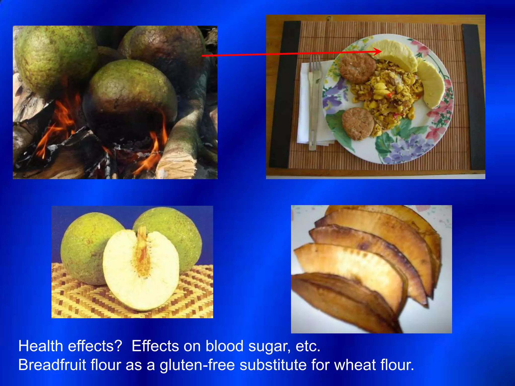 Health effects? Effects on blood sugar, etc.
Breadfruit flour as a gluten-free substitute for wheat flour.
 
