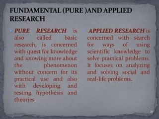  PURE RESEARCH is 
also called basic 
research, is concerned 
with quest for knowledge 
and knowing more about 
the phenomenon 
without concern for its 
practical use and also 
with developing and 
testing hypothesis and 
theories. 
 APPLIED RESEARCH is 
concerned with search 
for ways of using 
scientific knowledge to 
solve practical problems. 
It focuses on analyzing 
and solving social and 
real-life problems. 
21 
 