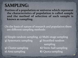 Portion of a population or universe which represent 
the characteristics of population is called sample 
and the method of selection of such sample is 
known as sampling. 
On the basis of nature of research and population there 
are different sampling methods: 
1) Simple random sampling 2) Multi-stage sampling 
3) Systematic sampling 4) Stratified random 
sampling 
5) Cluster sampling 6) Snow-ball sampling 
7) Area sampling 8) Quota sampling 
54 
 