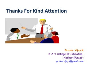 Thanks For Kind Attention
Grover Vijay K
D A V College of Education,
Abohar (Punjab)
grovervijayk@gmail.com
 