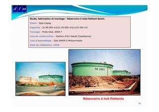 d l m
Delattre Levivier Maroc


                          Etude, fabrication et montage - Réservoirs à toits flottant Samir.
                                                           é

                          Client : Spie-Capag

                          Capacité : 3x 80 000 m3/2x 30 000 m3/1x10 000 m3

                          Tonnage : Poids total. 6000 T

                          Lieu de construction : Ateliers d'Ain Sebaâ (Casablanca)

                          Lieu d’assemblage : Site SAMIR à Mohammedia

                          Date de réalisation :1994




                                                                          Réservoirs à toit flottants
                                                                                                        18
 