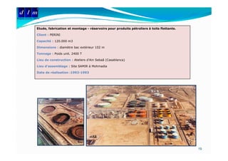 d l m
Delattre Levivier Maroc



                    Etude, fabrication et montage - réservoirs pour produits pétroliers à toits flottants.

                    Client : PERINI

                    Capacité : 120.000 m3

                    Dimensions : diamètre bac extérieur 102 m

                    Tonnage : Poids unit. 2400 T

                    Lieu de construction : Ateliers d'Ain Sebaâ (Casablanca)

                    Lieu d’assemblage : Site SAMIR à Mohmadia

                    Date de réalisation :1992-1993




                                                                                                             19
 