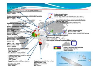 Reference Export
Project Fabrication of Hoppers &silos for COMURHEX Malvési
Execution date : ongoing
Client : AREVA                                                                       Project Cement Industry
Project Fabrication of storage silos for COMURHEX Pierrelatte                        Execution date : 1996
Execution date : ongoing                                                             Clients : POLYSIUS/ LES CIMENTS DU LIBAN (S.C.L.)
Client : AREVA
                                                                                       Project Fabrication Wagon rocker tumbler for Tunisia.
                                                                                       Execution date : 1995
Morocco the first partener with OCP                                                    Clients :CHEMICAL GROUP TUNISIAN (GCT)


Project Fabrication of silos for Mauritania
iron mine
Execution date :1997
Client :SNIM                                                                                                   Project Cement Industry
Steel constraction for Gold mine SABODALA                                                                      Execution date : 1999
Execution date : 2008                                                                                          Clients : R.A.K. CEMENT CO /Technip
Clients : Ausenco                                                    Catalyst converter with Stainless steel
Fabrication de 2 Boilers, 2 Condensates,
                                                                     Execution date : 2008
2 Absorbing & Phosphoric dusts
                                                                     Client : AREVA NC
Execution date : 2000
                                                                     Site: Cominak contact Acid Plant Revamping- NIGER
Clients : ICS

SADIOLA HILL GOLD PROJECT
Execution date :1997
Client : SEMOS
                                                                                                    Project:Fabrication virole tournante
 Project Gold mine of BURKINA FASO                                                                  Execution date : ongoing
 Execution date : 2007                                                                              Client : COMESSA
 Client : Etruscan
 Site : BURKINA FASO (YOUGA)

  Project:EMARAUDE PROJECT(Platform)
  Execution date : 2008
  Client : Perenco
  Site : Congo)
 Project:Fabrication of 9Risers Anchors        Project:Fabrication 13 Piles & Plem
                                               Execution date : 2009
 Execution date : 2007                         Client : SBM for CHEVRON
        : Acergy
 Client 18/01/2010                             Site : ANGOLA                                                                               24
 