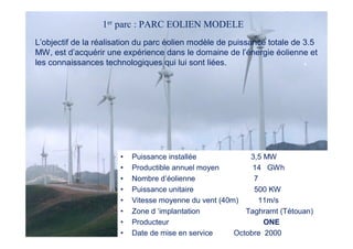 1er parc : PARC EOLIEN MODELE
L’objectif de la réalisation du parc éolien modèle de puissance totale de 3.5
MW, est d’acquérir une expérience dans le domaine de l’énergie éolienne et
les connaissances technologiques qui lui sont liées.




                       •   Puissance installée             3,5 MW
                       •   Productible annuel moyen         14 GWh
                       •   Nombre d’éolienne                7
                       •   Puissance unitaire               500 KW
                       •   Vitesse moyenne du vent (40m)     11m/s
                       •   Zone d ’implantation           Taghramt (Tétouan)
                       •   Producteur                          ONE
                       •   Date de mise en service     Octobre 2000
 