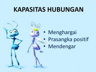 KAPASITAS HUBUNGAN
• Menghargai
• Prasangka positif
• Mendengar
 