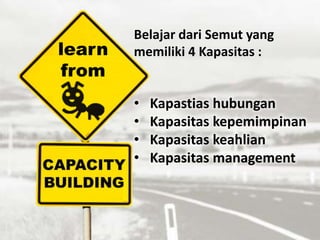 Belajar dari Semut yang
memiliki 4 Kapasitas :
• Kapastias hubungan
• Kapasitas kepemimpinan
• Kapasitas keahlian
• Kapasitas management
learn
from
 