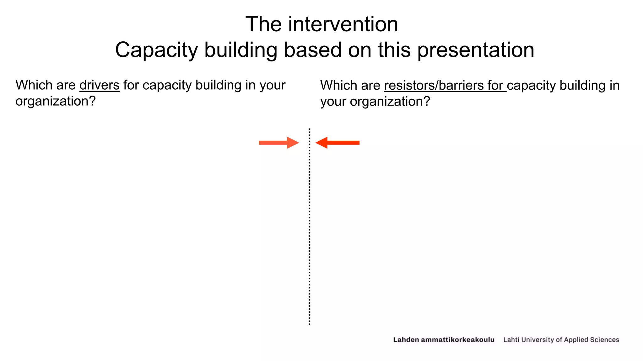 The intervention
Capacity building based on this presentation
Which are resistors/barriers for capacity building in
your organization?
Which are drivers for capacity building in your
organization?
 