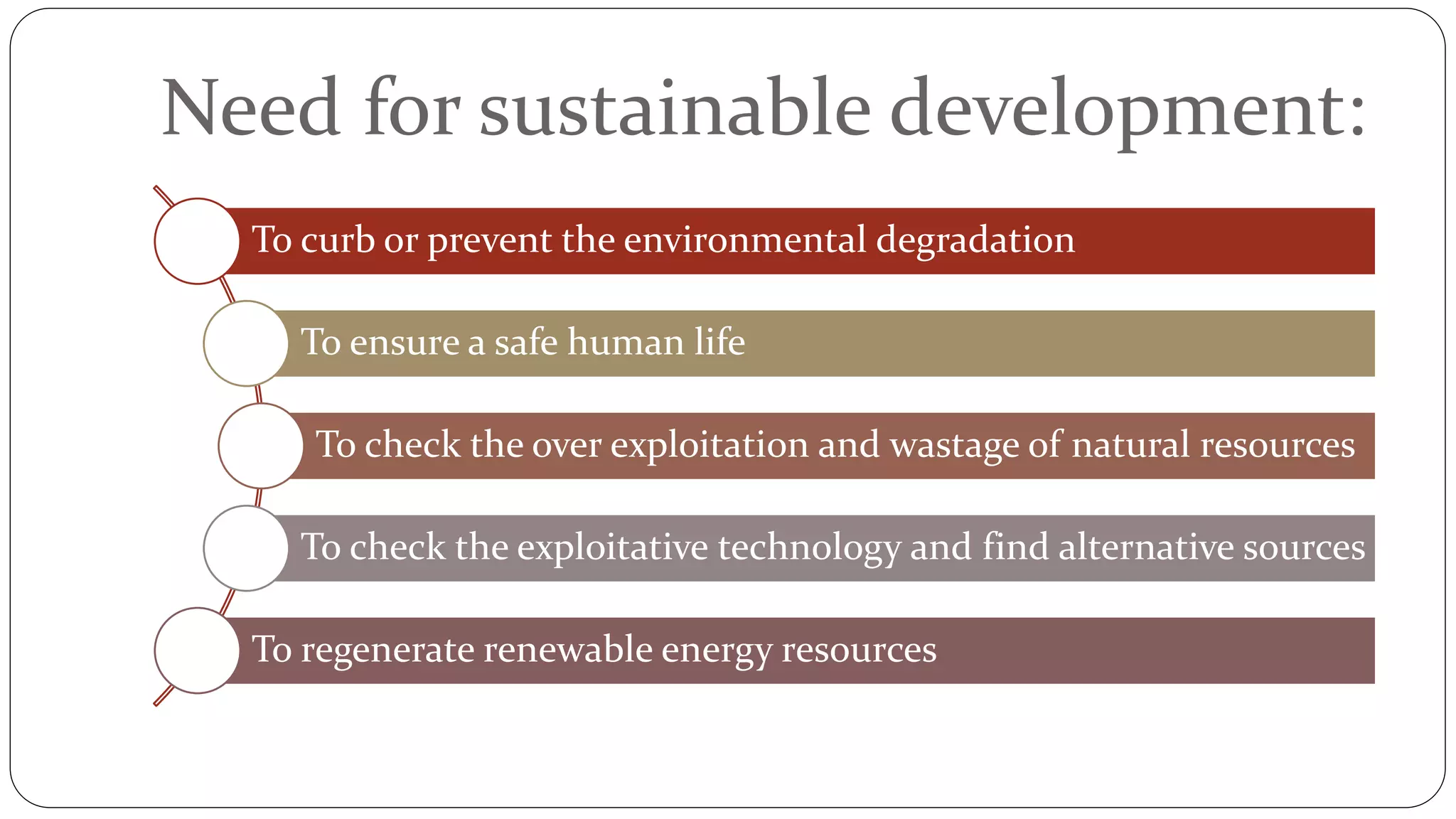Need for sustainable development:
To curb or prevent the environmental degradation
To ensure a safe human life
To check the over exploitation and wastage of natural resources
To check the exploitative technology and find alternative sources
To regenerate renewable energy resources
 
