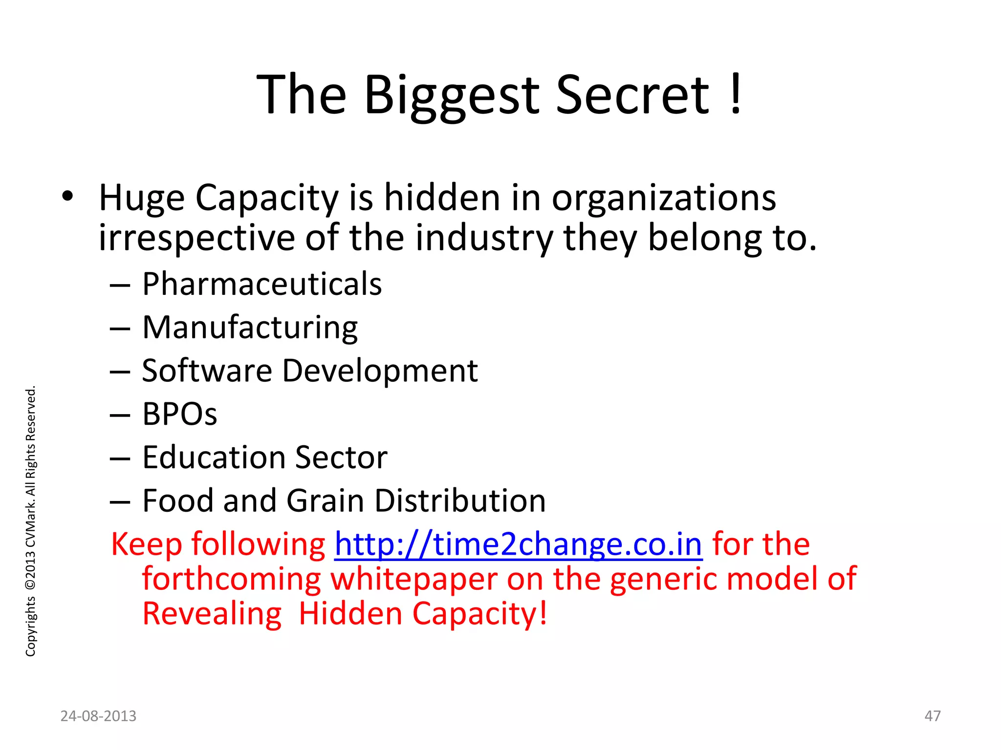 Copyrights©2013CVMark.AllRightsReserved.
The Biggest Secret !
• Huge Capacity is hidden in organizations
irrespective of the industry they belong to.
– Pharmaceuticals
– Manufacturing
– Software Development
– BPOs
– Education Sector
– Food and Grain Distribution
Keep following http://time2change.co.in for the
forthcoming whitepaper on the generic model of
Revealing Hidden Capacity!
24-08-2013 47
 