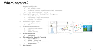 Where were we?
1. CapPlan and CapMan
a. Why Manage Capacity
b. What’s the difference between Planning and Management?
c. Three Steps of Capacity Planning
2. Capacity Management == Supply-Chain Management
a. Supply-Side Capacity
b. Demand-Side Capacity: Requirements
c. Utilization: Pros and Cons
3. Statistical Process Control
a. Setting Specifications
b. SPC
4. Queueing Fundamentals
a. Palm-Khintchine Theorem
b. Little’s Law
c. Network Queueing
5. Supply ≥ Demand
a. Optimization
6. Forecasting for Capacity Planning
a. Motivation & Methods
b. Methods: a 30,000-ft View
c. Ensemble Forecasting: Prediction Intervals
d. Model Monitoring
7. Conclusions
34
 
