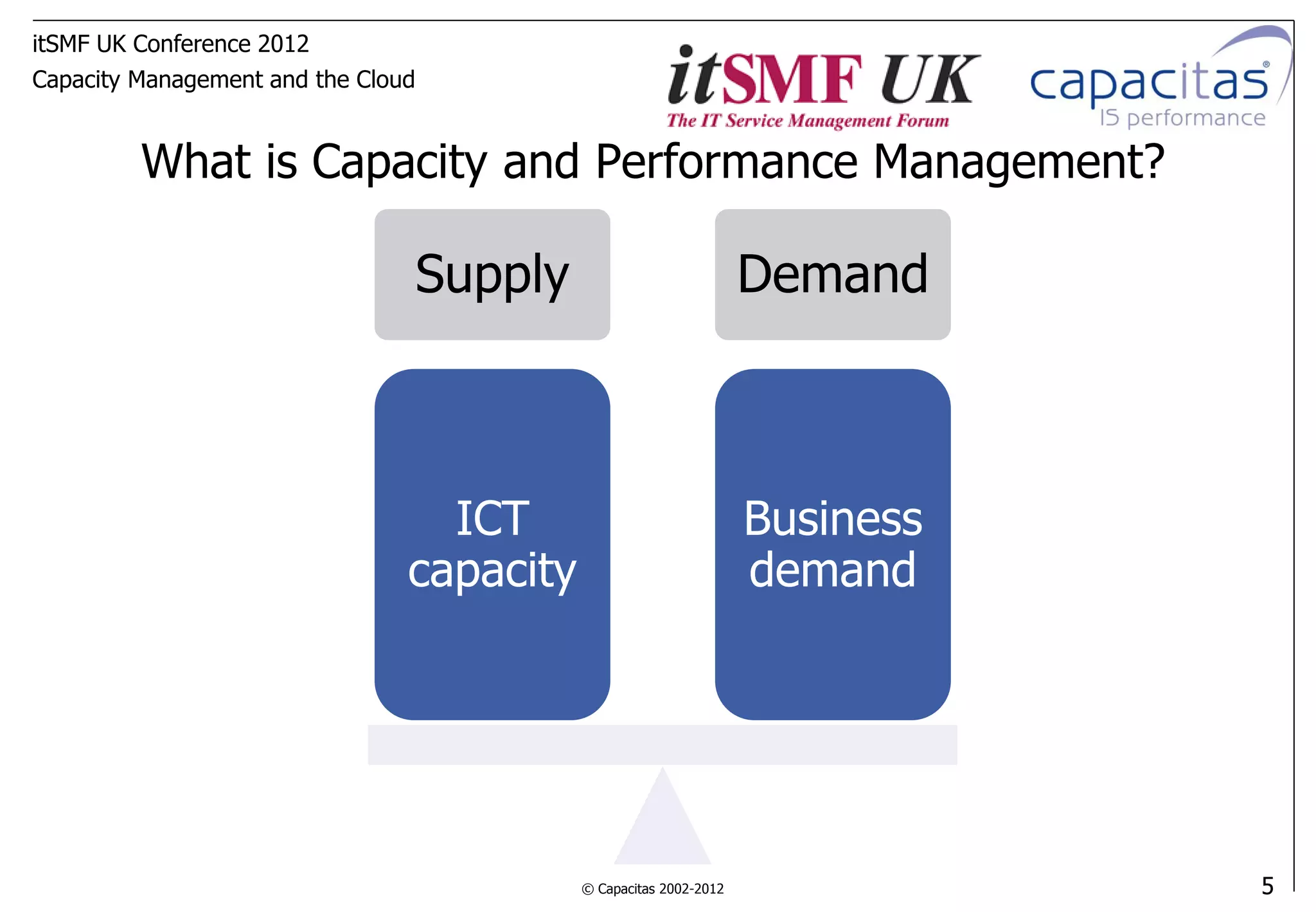 itSMF UK Conference 2012
Capacity Management and the Cloud


         What is Capacity and Performance Management?

                                    Supply                           Demand



                                  ICT                                Business
                                capacity                             demand




                                             © Capacitas 2002-2012              5
 