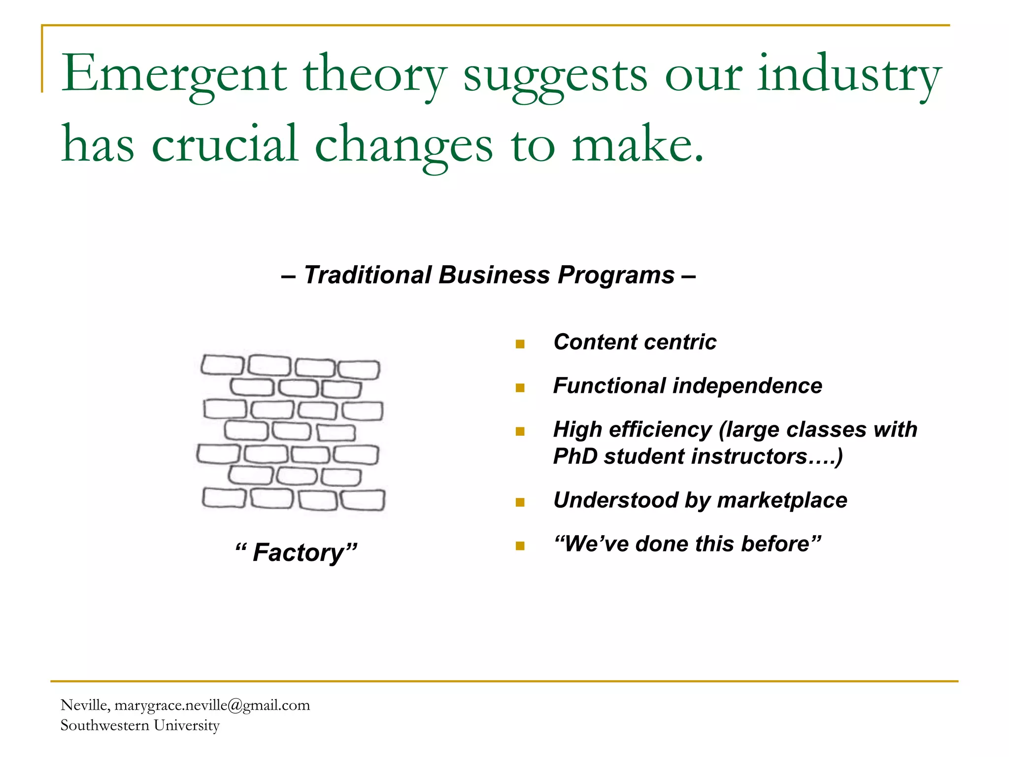 Neville, marygrace.neville@gmail.com
Southwestern University
Emergent theory suggests our industry
has crucial changes to make.
 Content centric
 Functional independence
 High efficiency (large classes with
PhD student instructors….)
 Understood by marketplace
 “We’ve done this before”“ Factory”
– Traditional Business Programs –
 