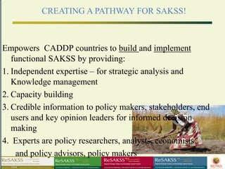 CREATING A PATHWAY FOR SAKSS!



Empowers CADDP countries to build and implement
   functional SAKSS by providing:
1. Independent expertise – for strategic analysis and
   Knowledge management
2. Capacity building
3. Credible information to policy makers, stakeholders, end
   users and key opinion leaders for informed decision
   making
4. Experts are policy researchers, analysts, economists
    and policy advisors, policy makers
 