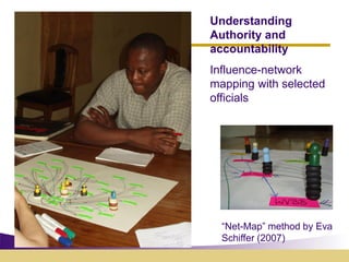 Understanding
Authority and
accountability
Influence-network
mapping with selected
officials




  “Net-Map” method by Eva
  Schiffer (2007)
 