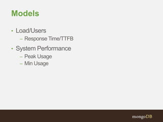 Models
• Load/Users
– Response Time/TTFB
• System Performance
– Peak Usage
– Min Usage
 