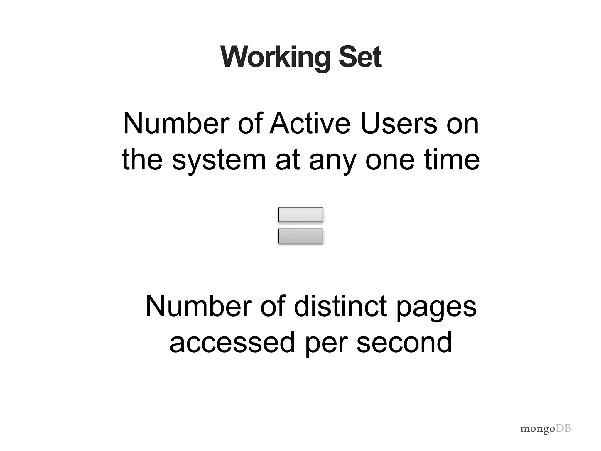 Working Set
Number of Active Users on
the system at any one time
Number of distinct pages
accessed per second
 