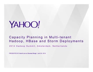 Capacity Planning in Multi-tenant
Hadoop, HBase and Storm Deployments
PRESENTED BY Amrit Lal and Sumeet Singh ⎪ April 02, 2014
2 0 1 4 H a d o o p S u m m i t , A m s t e r d a m , N e t h e r l a n d s
 