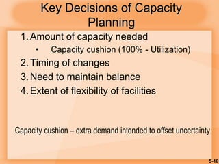 5-10
Key Decisions of Capacity
Planning
1. Amount of capacity needed
• Capacity cushion (100% - Utilization)
2. Timing of changes
3. Need to maintain balance
4. Extent of flexibility of facilities
Capacity cushion – extra demand intended to offset uncertainty
 