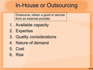 5-14
In-House or Outsourcing
1. Available capacity
2. Expertise
3. Quality considerations
4. Nature of demand
5. Cost
6. Risk
Outsource: obtain a good or service
from an external provider
 