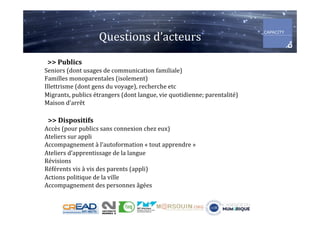 Questions	d’acteurs	
					>>	Publics	
Seniors	(dont	usages	de	communication	familiale)	
Familles	monoparentales	(isolement)	
Illettrisme	(dont	gens	du	voyage),	recherche	etc	
Migrants,	publics	étrangers	(dont	langue,	vie	quotidienne;	parentalité)	
Maison	d’arrêt	
	
>>	Dispositifs	
Accès	(pour	publics	sans	connexion	chez	eux)	
Ateliers	sur	appli	
Accompagnement	à	l’autoformation	«	tout	apprendre	»		
Ateliers	d’apprentissage	de	la	langue	
Révisions	
Référents	vis	à	vis	des	parents	(appli)		
Actions	politique	de	la	ville	
Accompagnement	des	personnes	âgées	
	
 