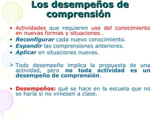Los desempeños deLos desempeños de
comprensióncomprensión
• Actividades que requieren uso del conocimiento
en nuevas formas y situaciones .
• Reconfigurar cada nuevo conocimiento.
• Expandir las comprensiones anteriores.
• Aplicar en situaciones nuevas.
 Todo desempeño implica la propuesta de una
actividad, pero no toda actividad es un
desempeño de comprensión.
• Desempeños: qué se hace en la escuela que no
se haría si no viniesen a clase.
 