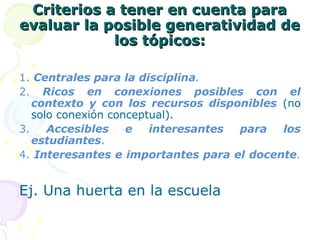 Criterios a tener en cuenta paraCriterios a tener en cuenta para
evaluar la posible generatividad deevaluar la posible generatividad de
los tópicos:los tópicos:
1. Centrales para la disciplina.
2. Ricos en conexiones posibles con el
contexto y con los recursos disponibles (no
solo conexión conceptual).
3. Accesibles e interesantes para los
estudiantes.
4. Interesantes e importantes para el docente.
Ej. Una huerta en la escuela
 