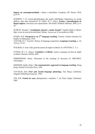 36
línguas na contemporaneidade : linhas e entrelinhas. Campinas, SP: Pontes, 2010.
p.53-79
SCHMITZ, J. R. Ensino/aprendizagem das quatro habilidades linguísticas na escola
pública: uma meta alcançável? In: LIMA, D. C. (Org.). Ensino e aprendizagem de
língua inglesa: conversas com especialistas. São Paulo: Parábola Editorial, 2009. p.13-
20
SCHÜTZ, Ricardo. “Assimilação natural x ensino formal”. English Made in Brasil.
http://www.sk.com.br/sk-laxll.html. Online. Acesso em 15 novembro de 2006.
STERN, H.H. Perspectives on 2nd
language teaching. Toronto: Ontario Institute for
Studies in Educations, 1970.
TAYLOR, B. F. Toward a Theory of language acquisition. Language Learning, n. 24,
1974, p. 23-35
WALKER, S. Uma visão geral do ensino de inglês no Brasil. In: STEVENS, C. T. e
CUNHA, M. J. C. (Orgs.). Caminhos e Colheita: ensino e pesquisa na área de inglês
no Brasil. Brasília: EdUnb, 2003
WIDDOWSON, Henry. Directions in the teaching of discourse In: BRUMFIT,
Christopher;
JOHNSON, Keith. (Org.). The communicative approach to language teaching. Hong
Kong: Oxford University Press, 1991.
YAVAS,M .(Ed.) Fisrt and second language phonology. San Diego, California:
Singular Publishing Group Inc. 1994.
YIN, R.K. Estudo de caso: planejamento e métodos. 3. ed. Porto Alegre: Bookman,
2005
 