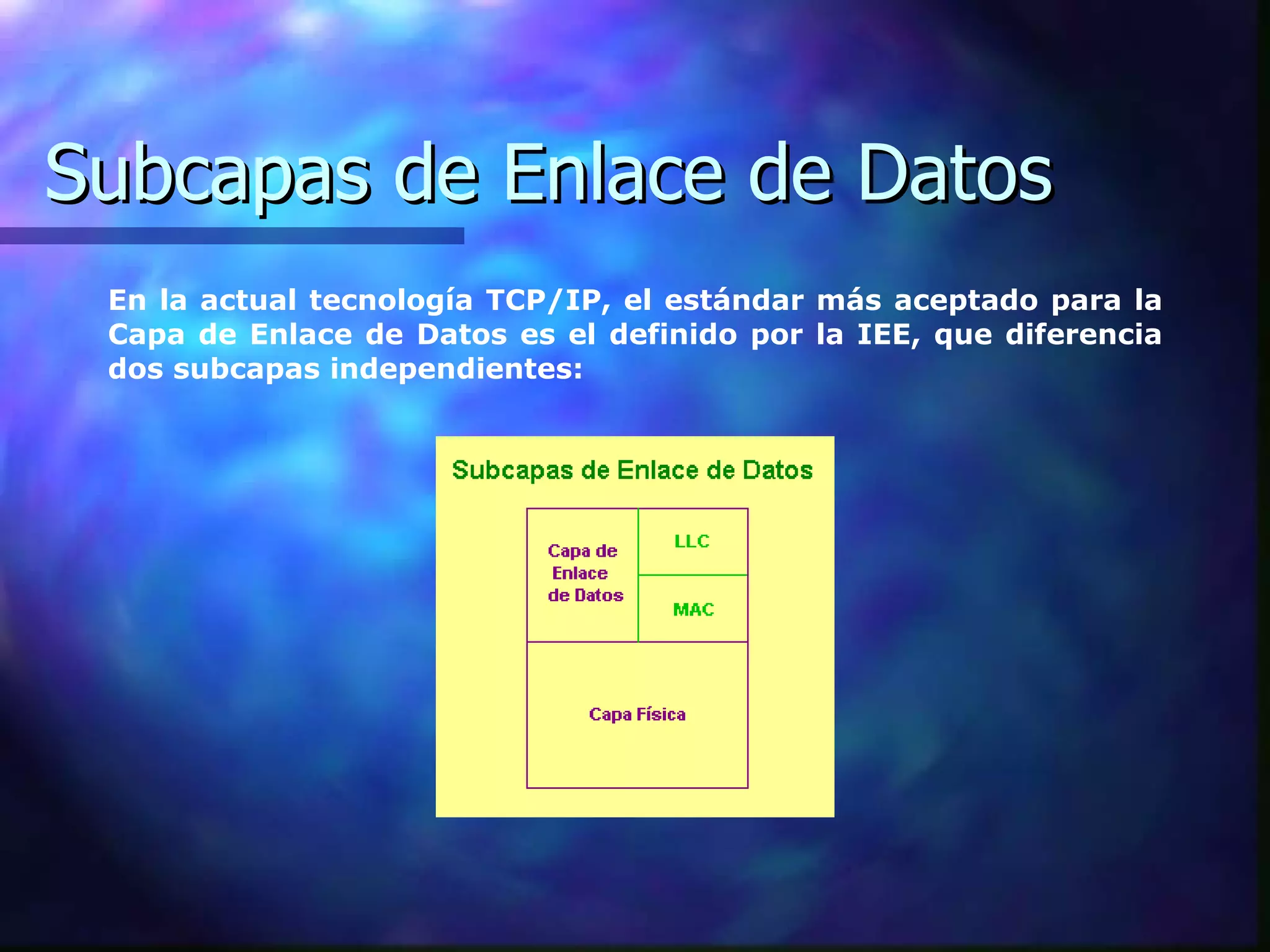 Subcapas de Enlace de Datos En la actual tecnología TCP/IP, el estándar más aceptado para la Capa de Enlace de Datos es el definido por la IEE, que diferencia dos subcapas independientes:  